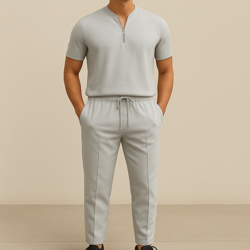 Men's Summer Waffle Collar Zipper Set for men, view 2
