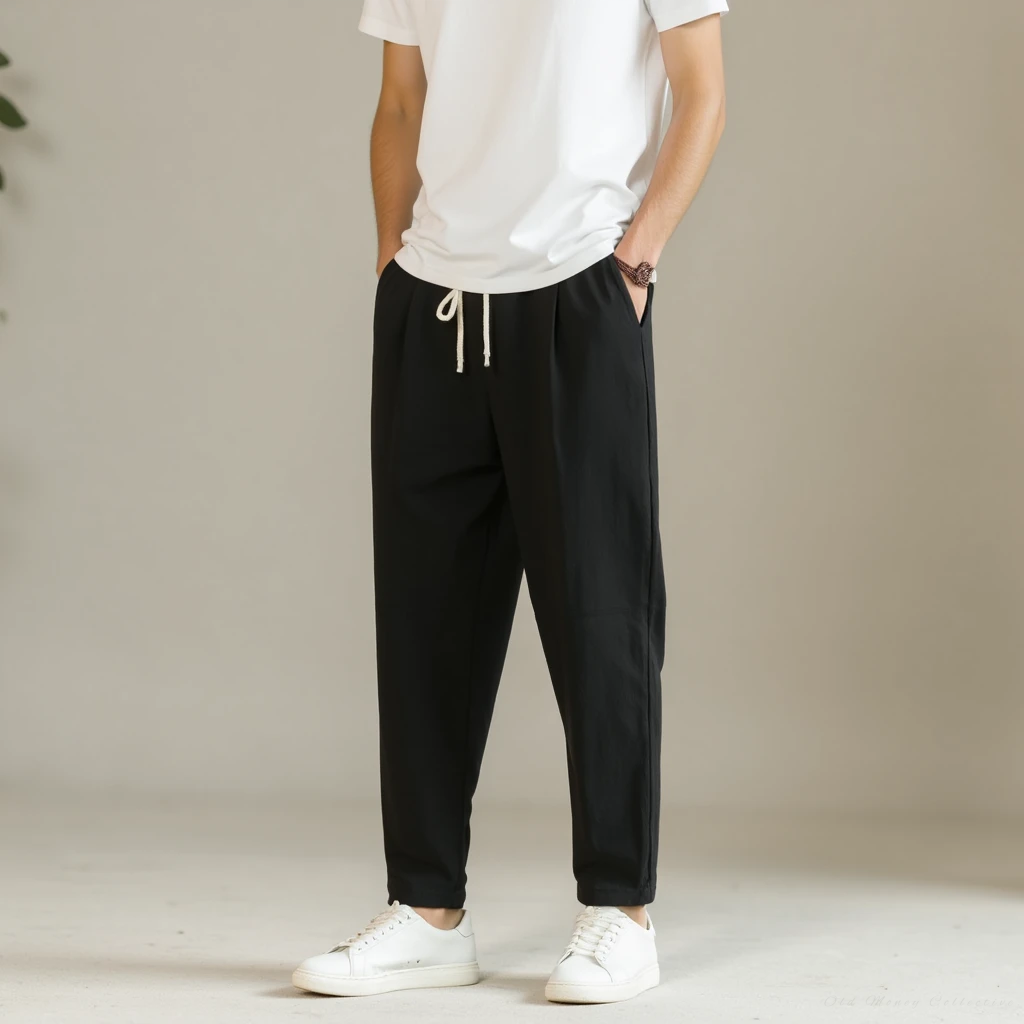 Santorini Linen-Cotton Pantalon for men, black