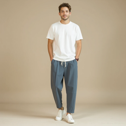 Santorini Linen-Cotton Pantalon for men, marine